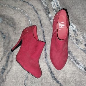 Red Studded Heels / Ankle Boots, Size 8